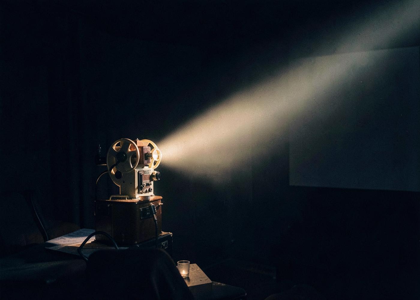 Film projector casting light in a screening room
